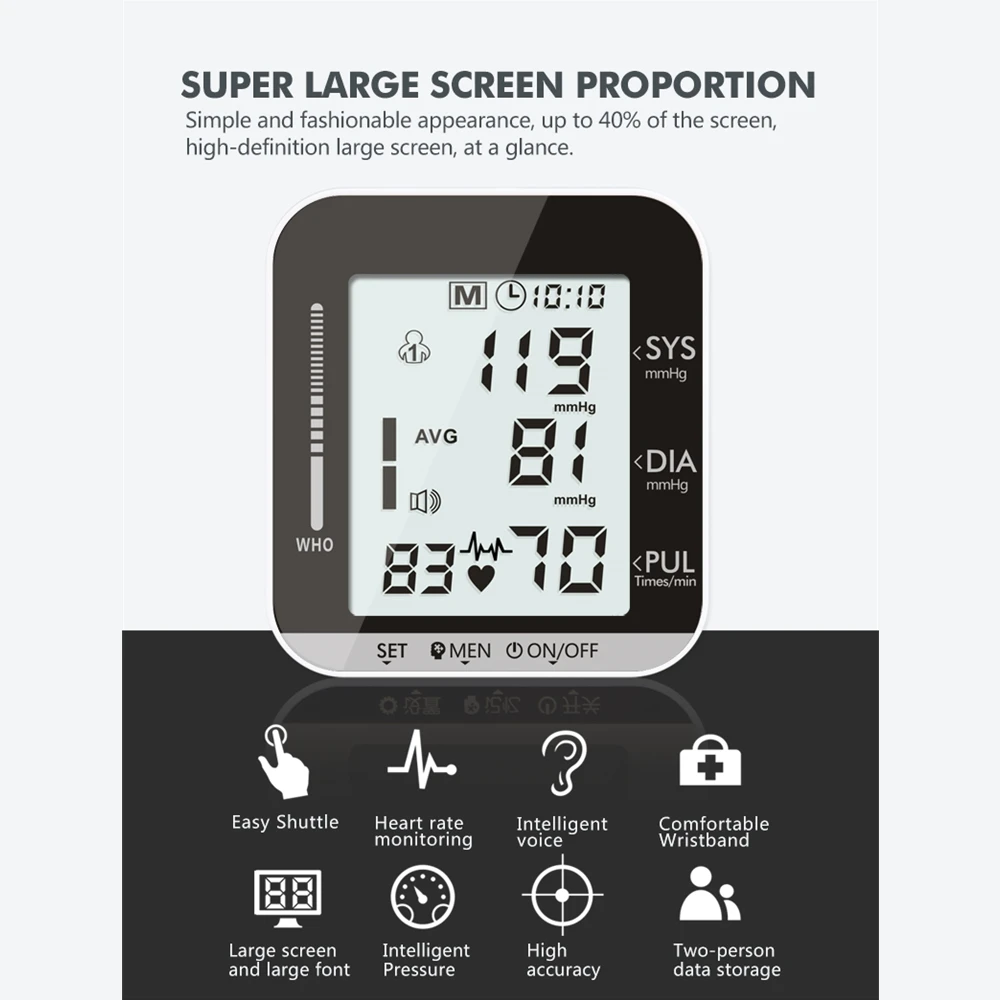 

English Home Automatic Intelligent Wrist Type Electronic Blood Pressure Monitor Voice Blood Pressure Meter Blood Pressure Meter