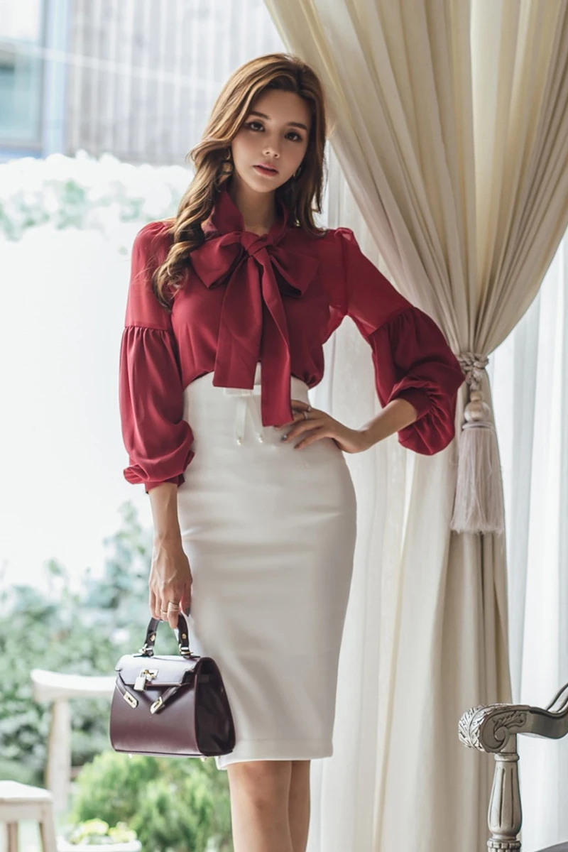 

Spring Autumn Women Fashion Two-piece Slim Suit Female Bow Skirt Suit office lady Business blouse sets