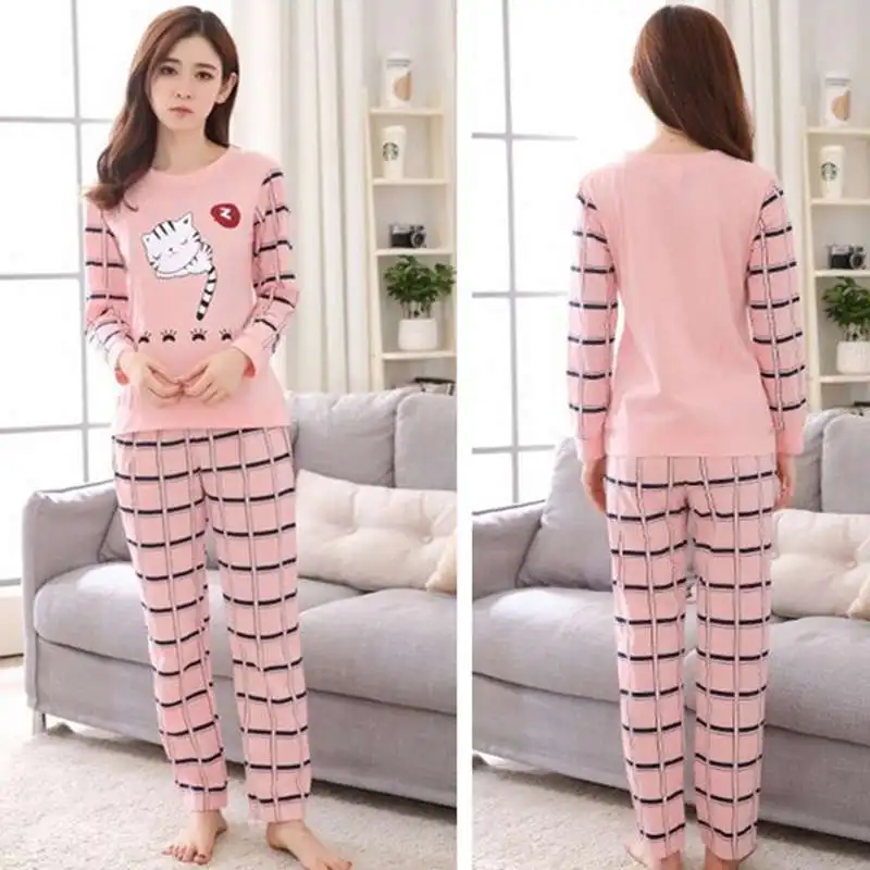 

Spring Long Sleeve Women Pajamas Set Round Neck Cartoon Cat Print Sleepwear Female Casual Pajama Set 2 Piece