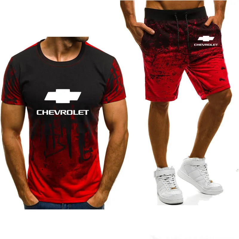 

Summer The New Men T Shirts Chevrolet Logo Printing Short sleeve Crew neck Gradient Casual Cotton Men's T-shirt+shorts 2pcs suit