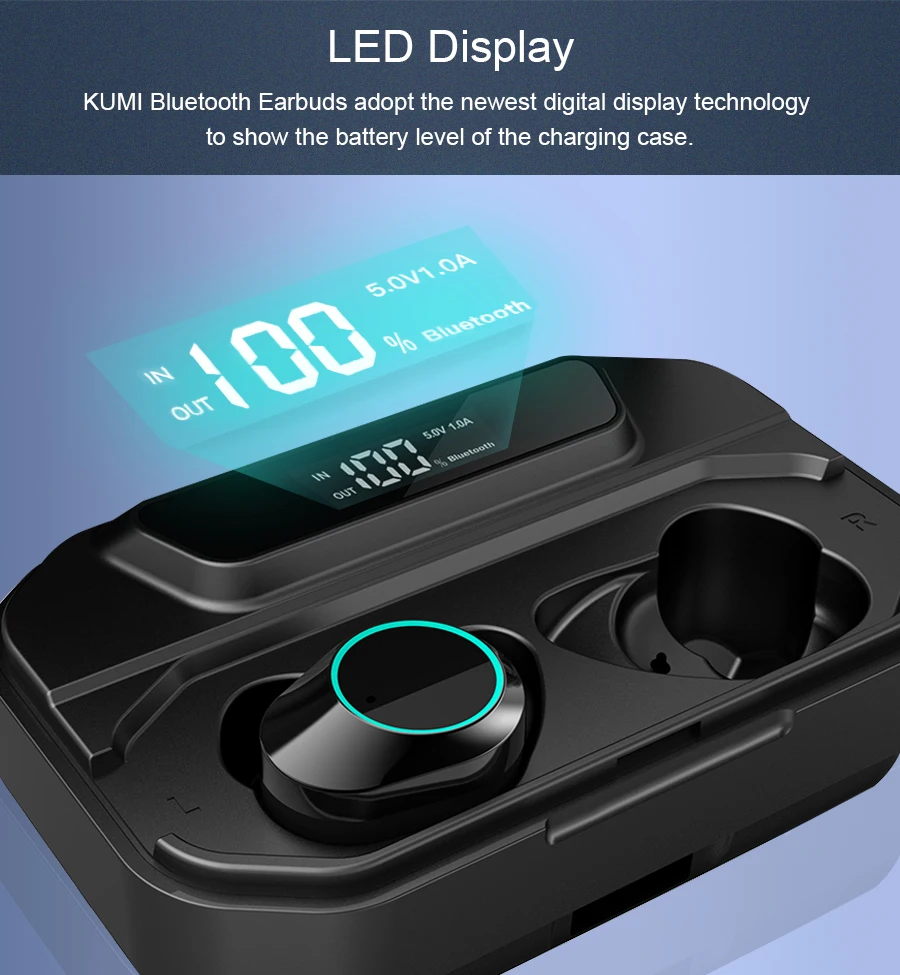 Беспроводные наушники Kumi T3S, Bluetooth 5,0, с шумоподавлением, 3300 мА/ч, с зарядным устройством, внешний аккумулятор, стерео гарнитура, IPX6, водонепроницаемые