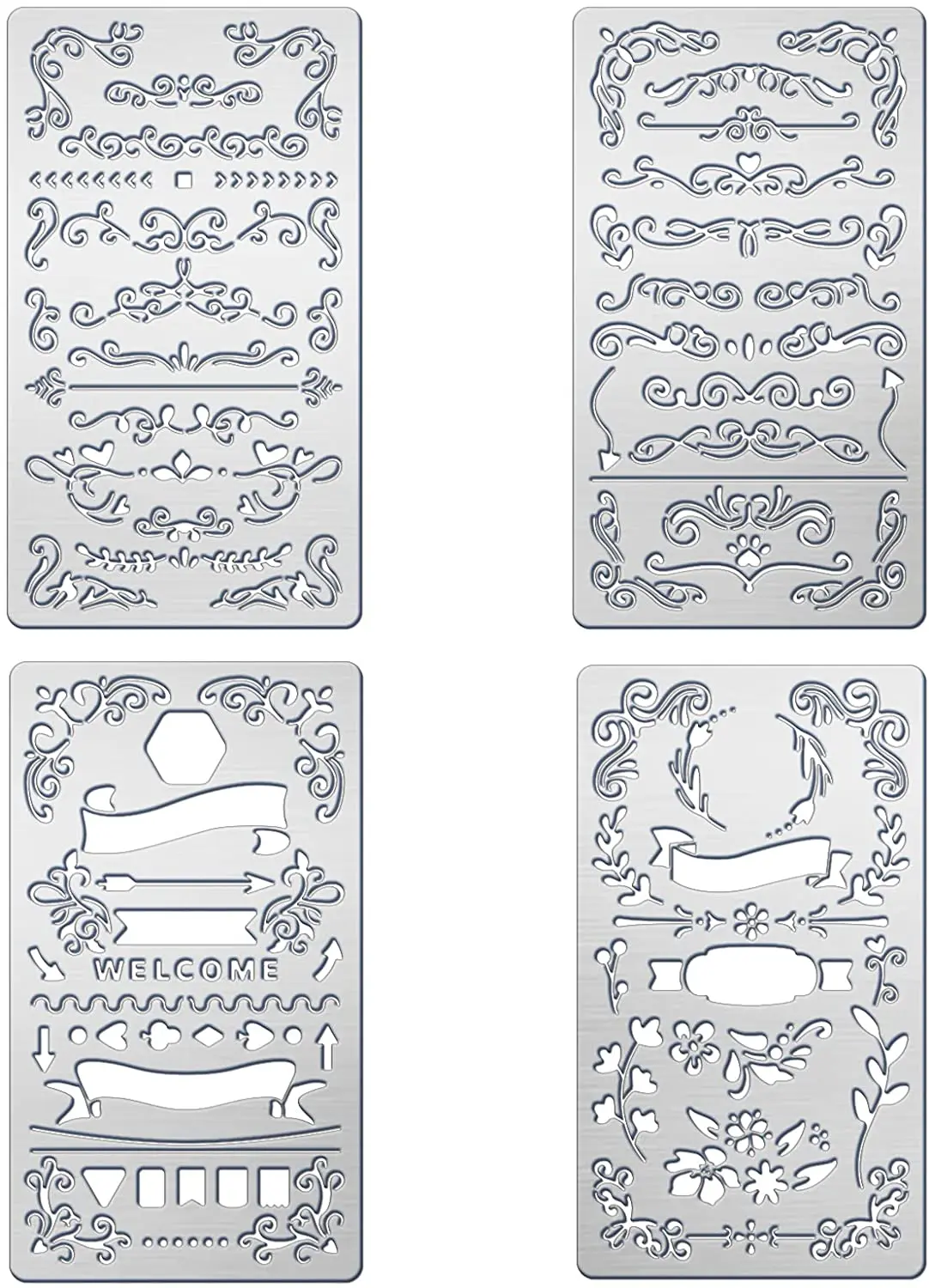 

4PCS 4x7 Inch Planner Book Decoration Metal Stencils 4 Style Steel Stencil Template for Wood Carving Drawings and Woodburning