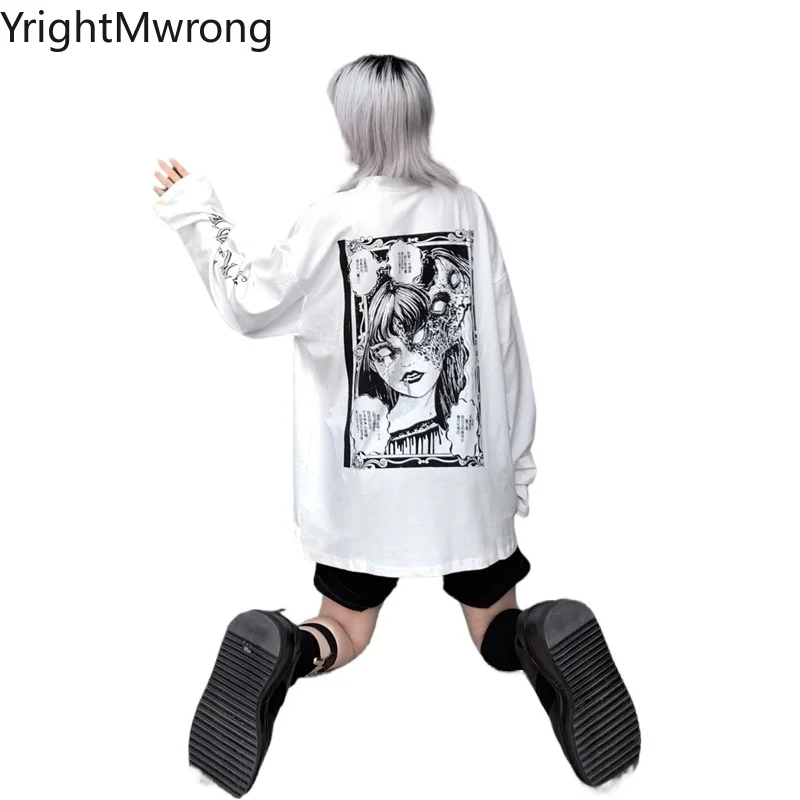 

Punk Horror Graphic Gril Print Japanese Dark White Loose T Shirt T-Shirt Harajuku Streetwear Long Sleeve Funny Tee Top Fashion
