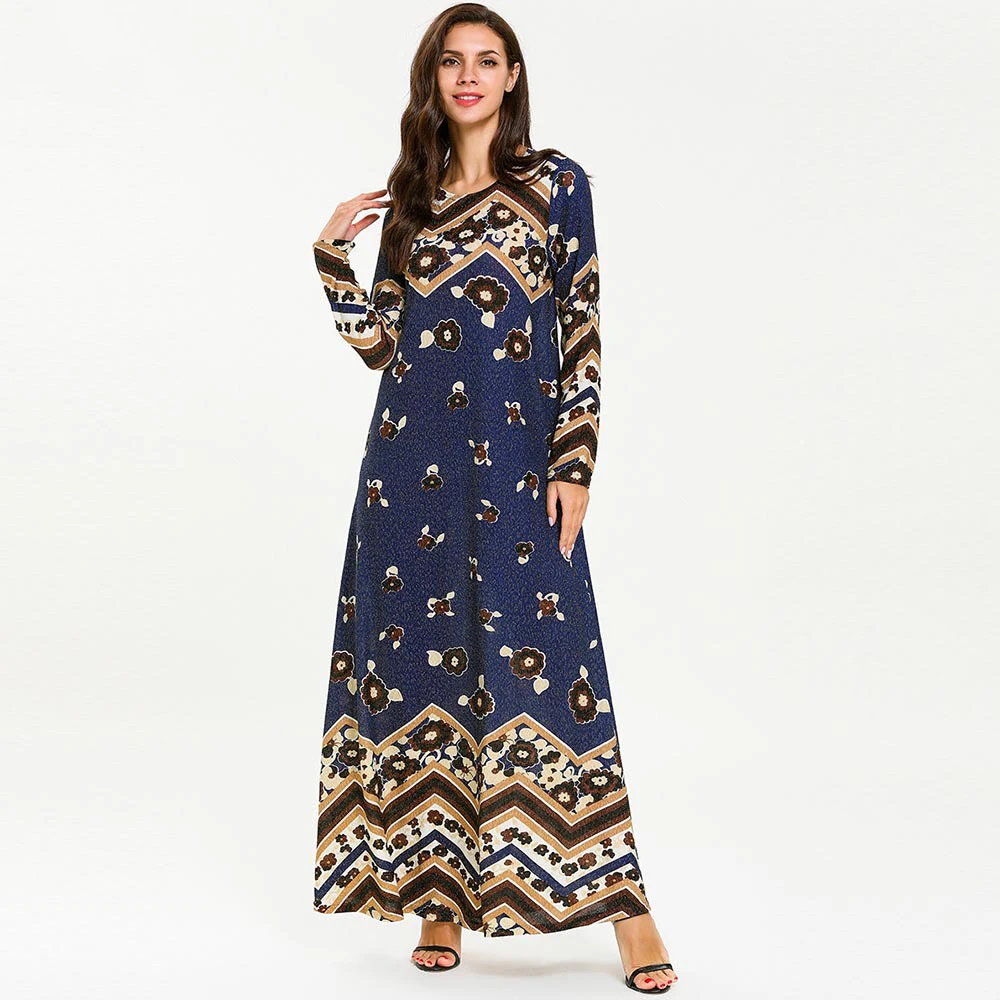 Модная тянущаяся Женская длинная юбка с длинным рукавом и принтом в виде волн, мусульманские платья Abaya Дубай