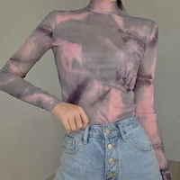 tie dye printed womens skinny crop top streetwear long sleeves sexy mesh tees fashion crew neck bandage 90s shirt pink tee