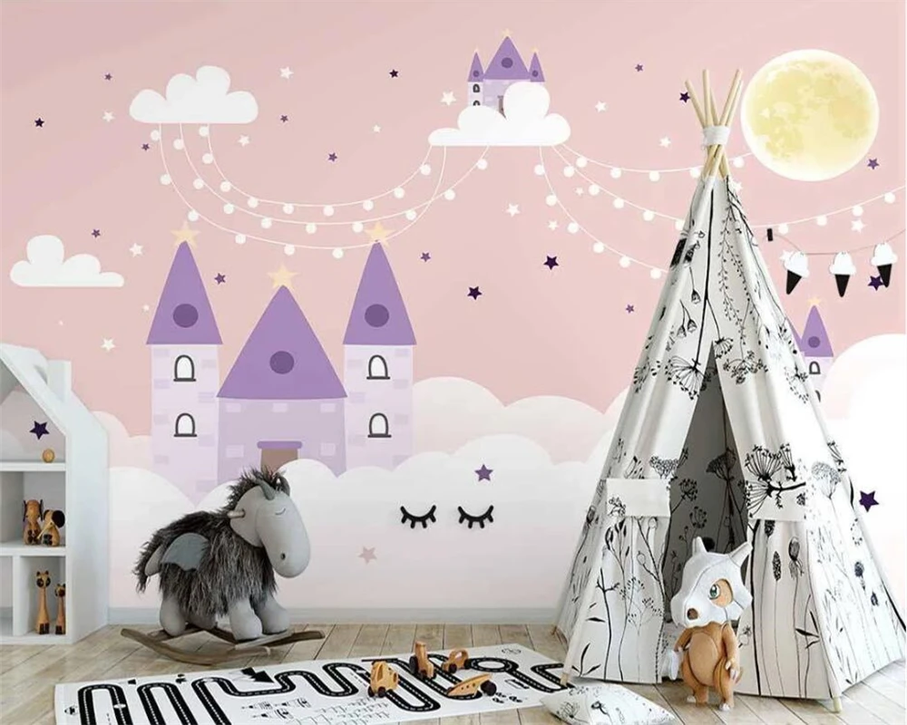 

Beibehang Индивидуальный Новый скандинавский ручной росписи розовые облака мультяшный замок фон для детской комнаты обои