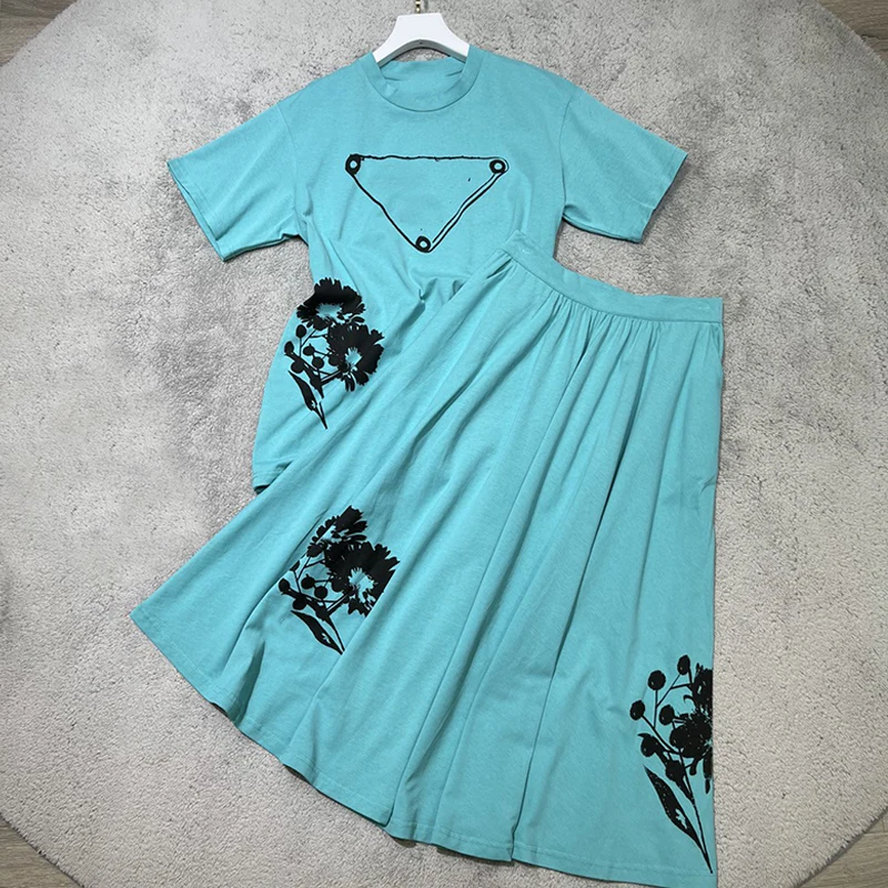 

2021summer newstyle cotton printed round neckshort-sleeved T-shirt women'sfashion sense simple elastic waist half-lengthskirt XL