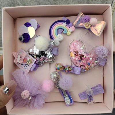 Heart Purple 10 шт./кор. головные уборы для девушек набор бант Корона кружева заколки для волос кролик Лебедь заколки для волос с фигурками животных Детские аксессуары для волос подарок в коробке - Цвет: Heart Purple