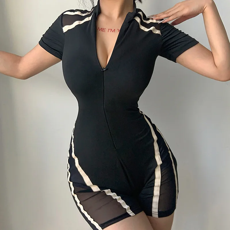 

Комбинезон с сетчатыми вставками контрастных цветов, шорты, весна-лето 2022, повседневные облегающие шорты, спортивные женские шорты, новый с...