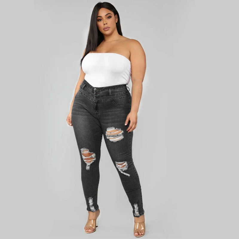 

Plus Size L-5XL Women Washed Ripped Jeans 2020 Korean High Waist Trousers Skinny Denim Jeans Casual Hollow Bleached Pencil Pants