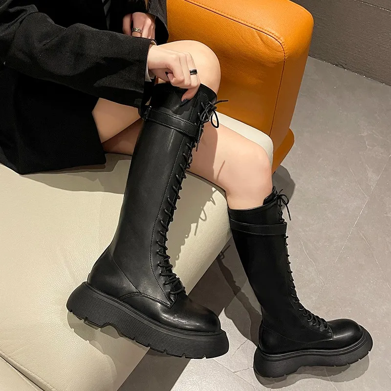 

New Women Boots Mid Calf Boots Solid Color Lace Up Female Boots Platform Thick Heels Zipper Ladies Fashion Shoe Comfortable 2021