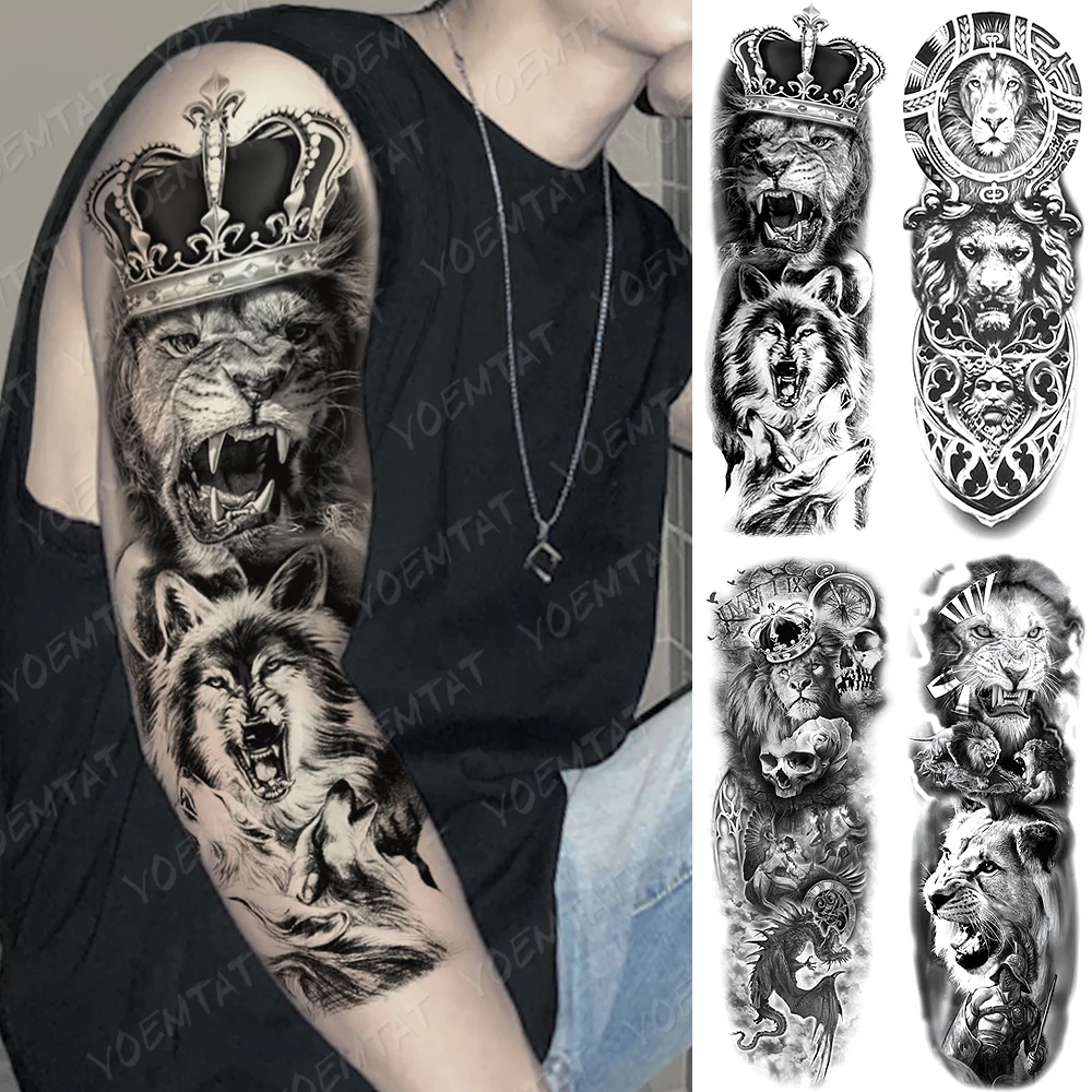 

Large Arm Sleeve Tattoo Lion Crown King Rose Waterproof Temporary Tatoo Sticker Wild Wolf Tiger Men Full Skull Totem Tatto Women