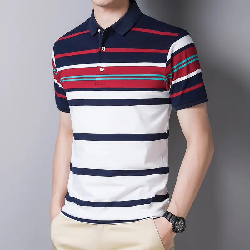 

Loldeal New Polo Shirt Short-sleeved Men Striped Casual Lapel Mixed Cotton