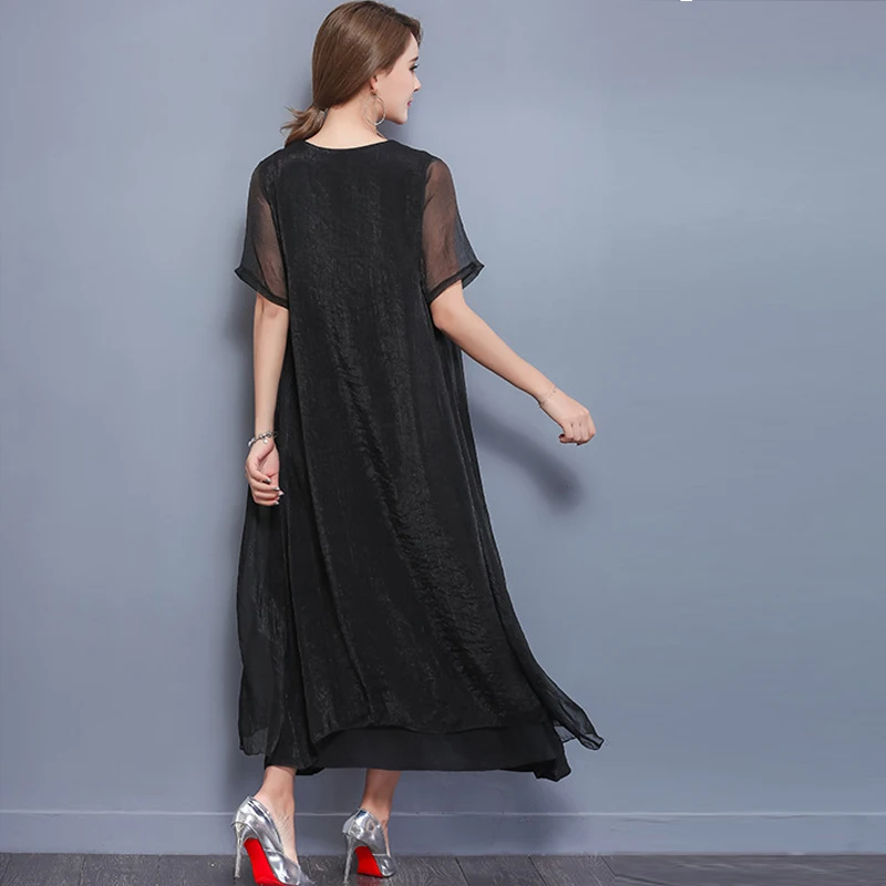 

Summer Vintage 2 Piece Large O-Neck Print Maxi Casual Dress Linen Embroidery Fashion Office Lady Long Plus Size Chiffon Dresses