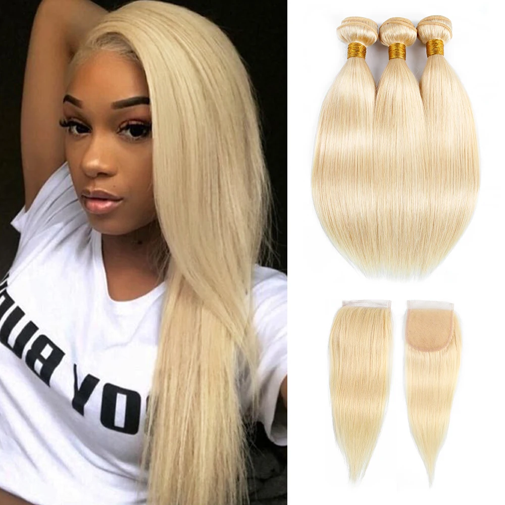 

Color 613 Platinum Blonde 2/3 Bundles With Lace Closure Silky Straight Hair Weave Remy Human Hair Extensions BOBBI COLLECTION