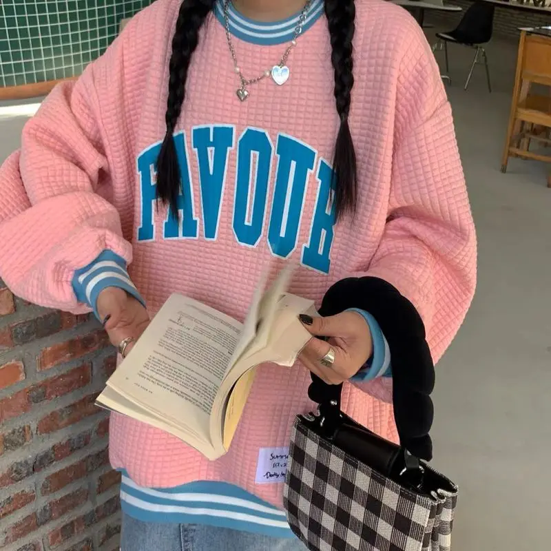 

Waffle Sweatshirt Women Autumn Korean Loose Letters Embroidery Pullover Female Lethargic Hip-hop Trendy Long-sleeved O-neck Tops