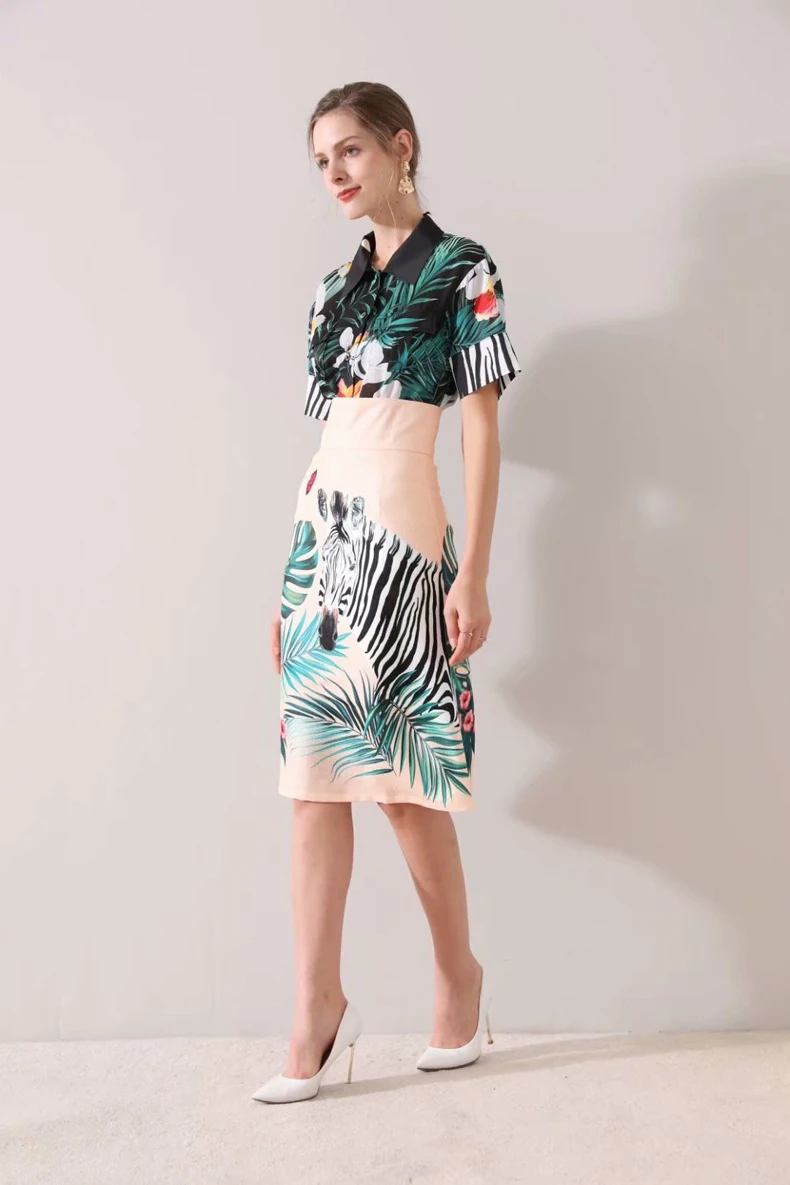 Women's Runway Designer Twinsets Turn Down Collar Short Sleeves Shirt with Empire Waist Skirt Two Piece Dress Set Suit |