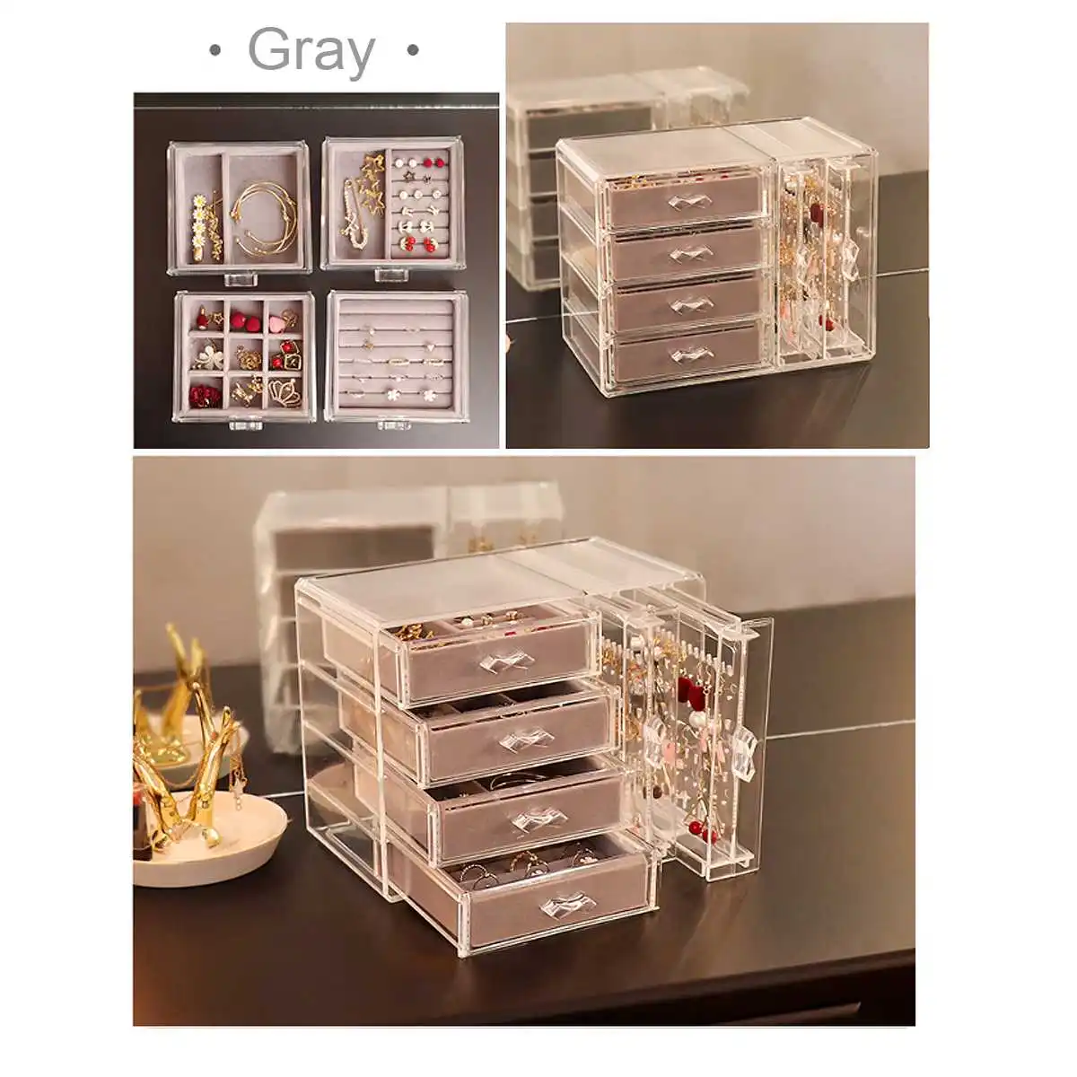 gray Пылезащитная акриловая бархатная стойка для сережек и колец, коробка для хранения ювелирных изделий, ящик для ожерелья, браслет, органайзер, чехол, 4 слоя - Цвет: gray