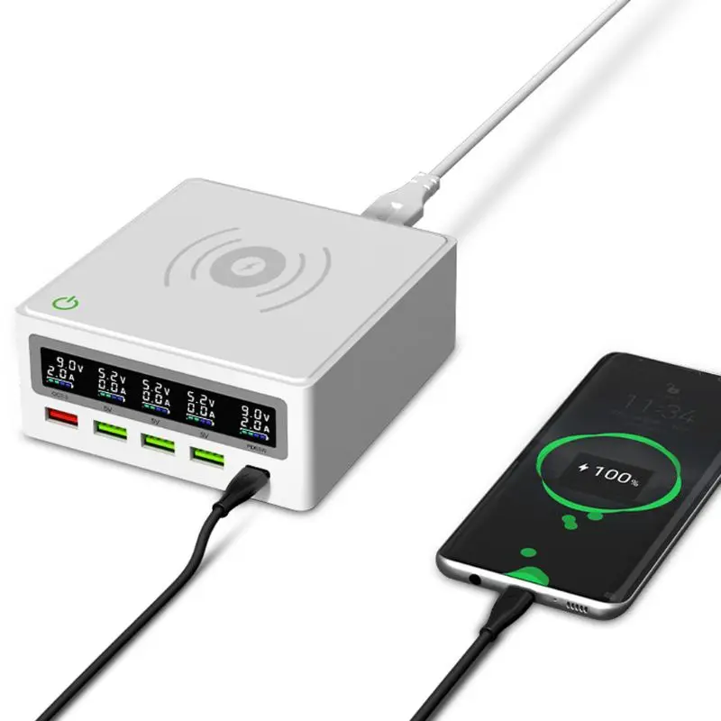 5 портов QC3.0 USB Type C PD 65 Вт адаптер питания Qi Беспроводное зарядное устройство для