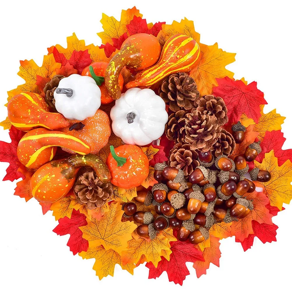 

1 Set Fall Harvest Decoration Foam Artificial Mini Pumpkin Gourd Acorn Berries Maple Leaf Home Decor