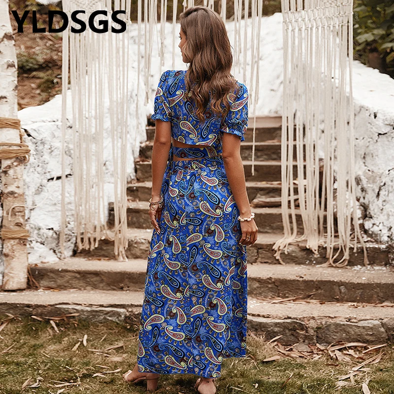 

YLDSGS Boho Women V Neck Short Sleeve Paisley Print Belt Large Hem Beach Long Dress Print Dress Summer Beach Dress With Belt