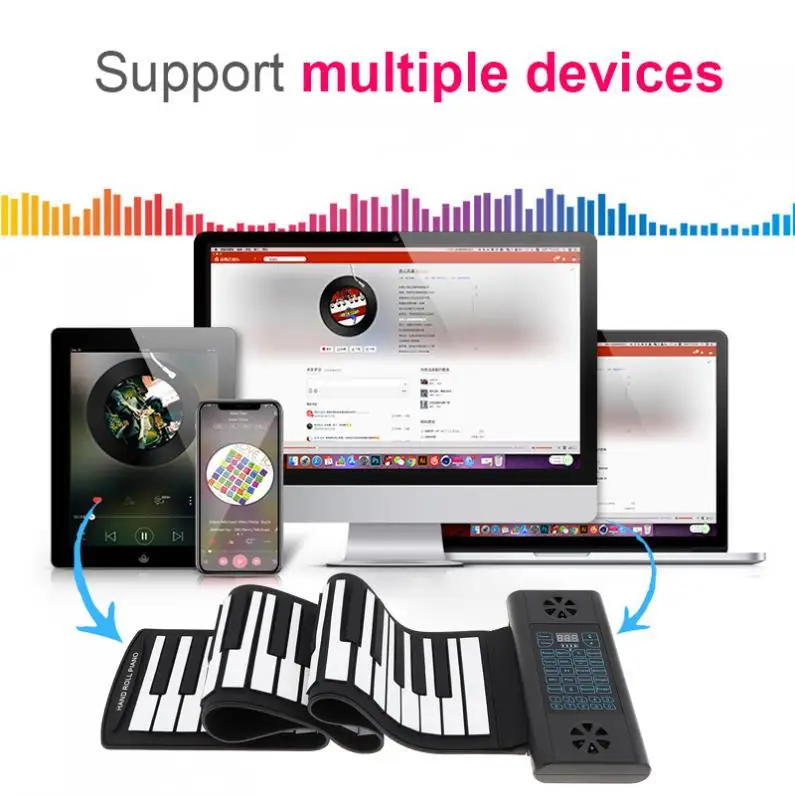 61 Keys MIDI Roll Up Electronic Piano Rechargeable Flexible Keyboard Organ Built-in 2 Speaker Support Audio Bluetooth-compatible