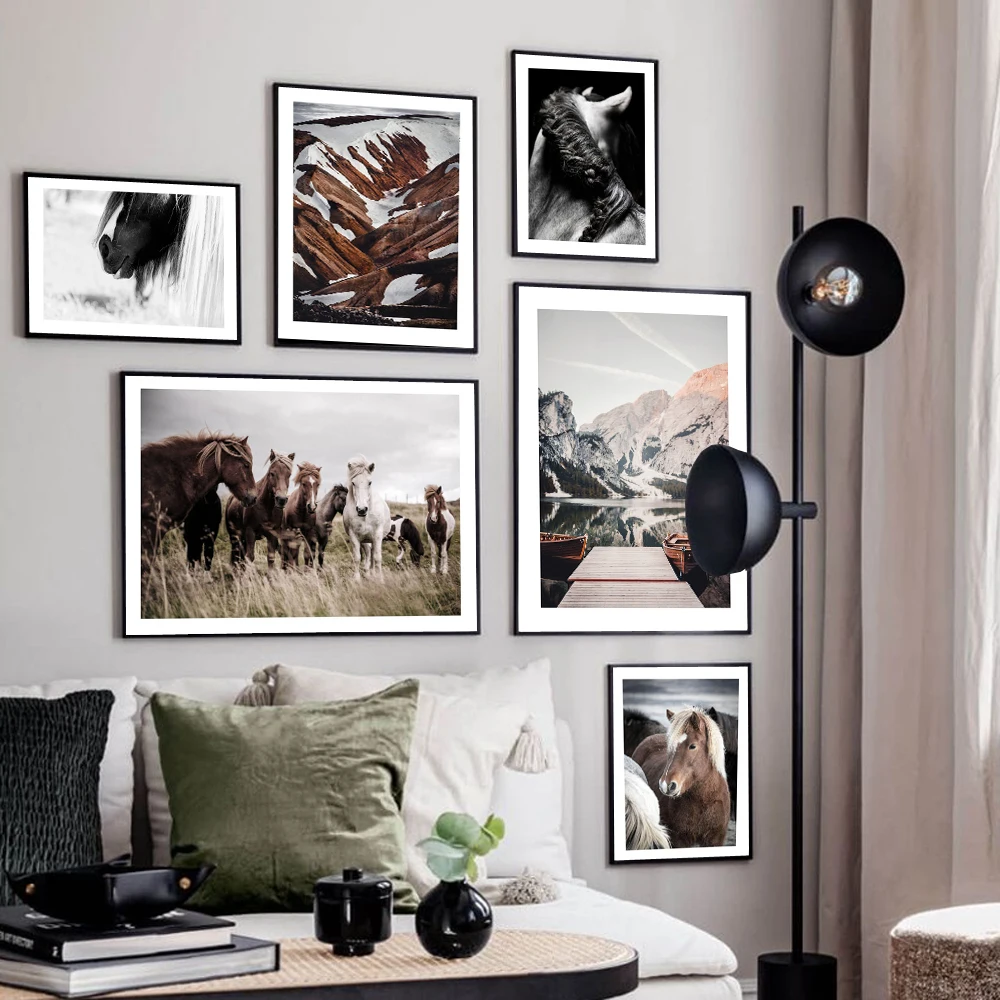 

Scandinavian Poster Horse Lake Mountain Nature Landscape Nordic Wall Art Canvas Print Botanical Painting Home Decoration Picture