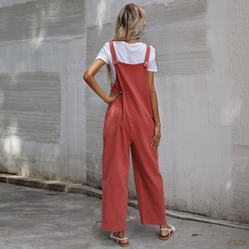 

2021 New Lightly Cooked Style Women's Jumpsuit Fashion Cotton And Linen Solid Color Loose Temperament Suspenders Summer Jumpsuit