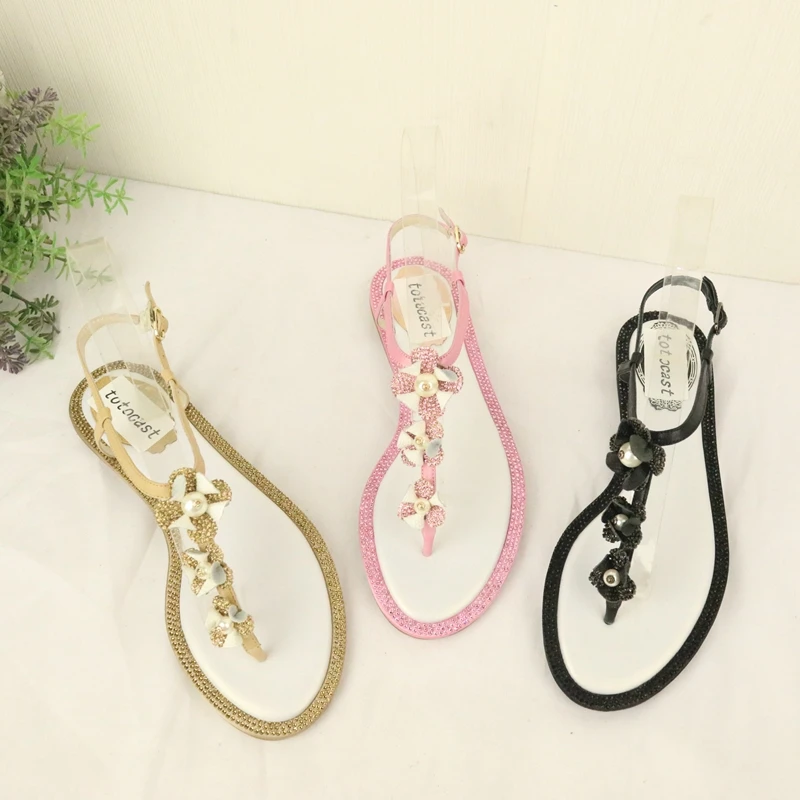 

Женские сандалии в римском стиле Koovan, Новинка лета 2020, кожаные шлепанцы на тонком шнурке с пряжкой с кристаллами и цветами, женские сандалии