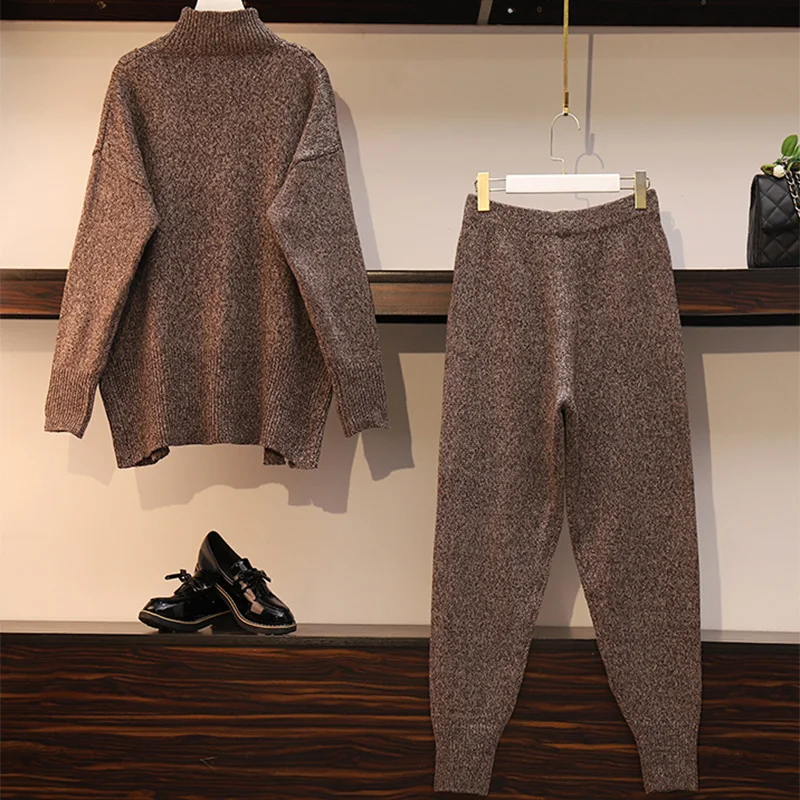 Женский спортивный костюм большого размера плюс вязаный свитер водолазка топ и