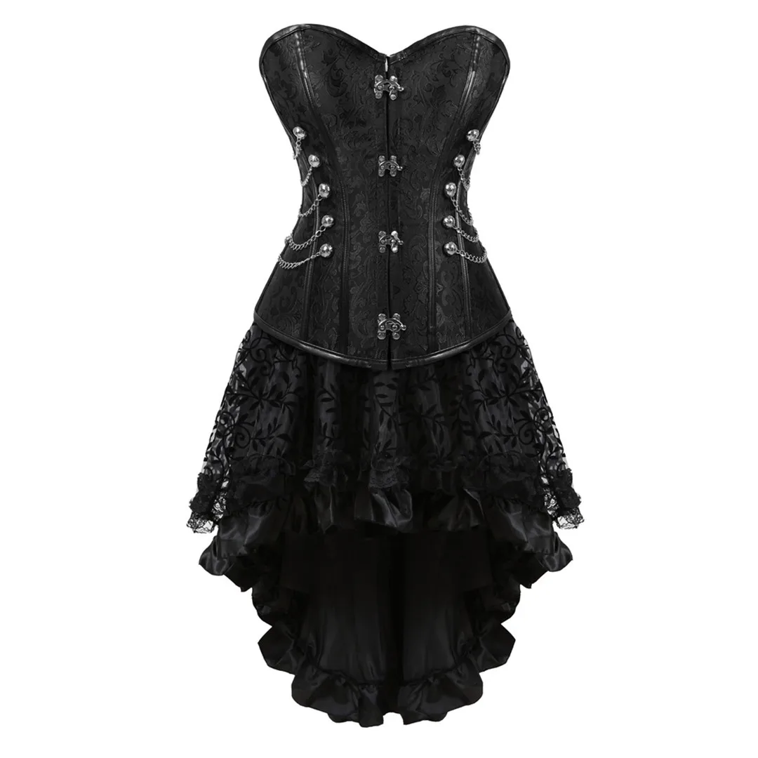 

Steampunk Leather Corset Dress Women Gothic Steel Boned Corsets Bustiers with Asymmetrical Lace Skirt Set Pirate Costumes S-6XL