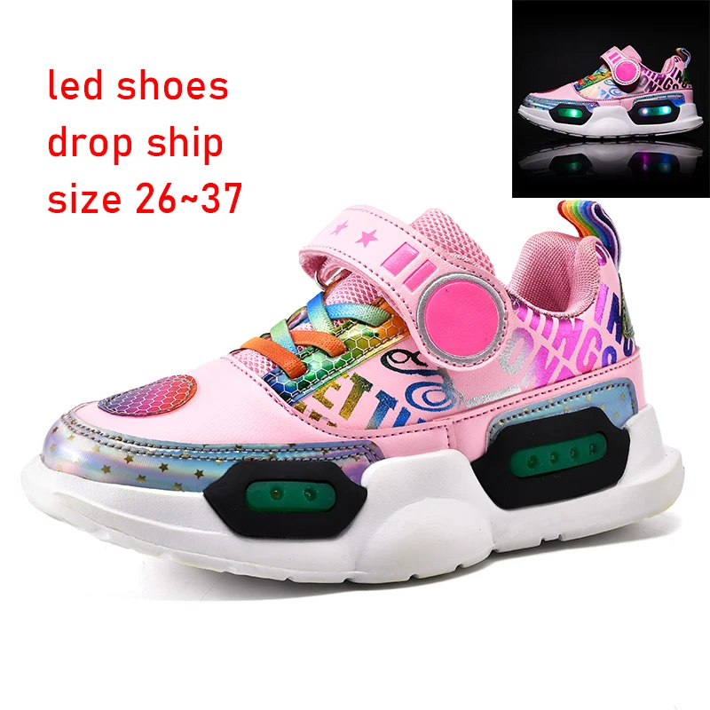 

Размеры 26-37 мальчиков туфли со светодиодной подсветкой для девочек USB зарядка светящиеся кроссовки Детская одежда на застежке-липучке, изно...