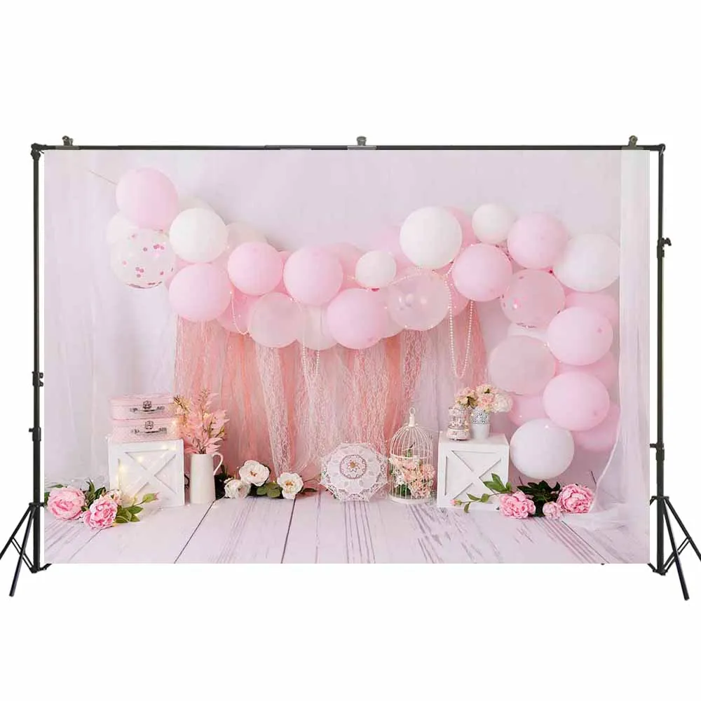 

Pink Balloons Flowers Photography Backdrop Princess Baby Girl Cake Smash Portrait Background Spring Easter Photoshoot Backdrops
