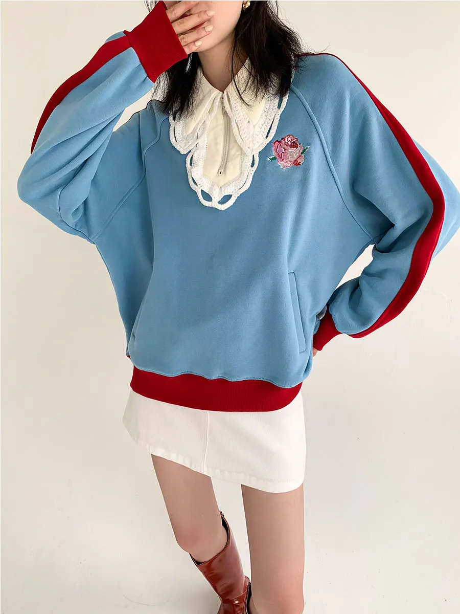 

Loose Pullover Sweatshirt Women 2021 Sweatshirt Crochet Blue Collar Hoodie For Teen Girls Patchwork