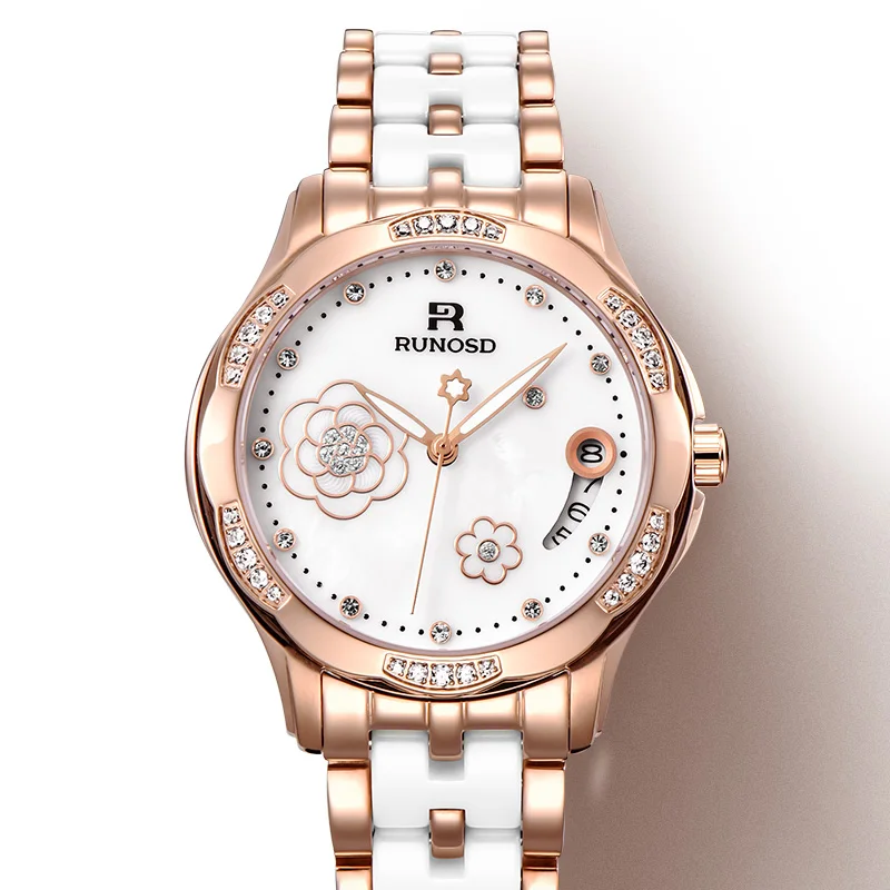 

RUNOSD Rose Gold Women's Watch Mechanical Movement Ceramic Bracelet Sapphire Crystal Bright Zircon Dial Stainless Steel 8318L