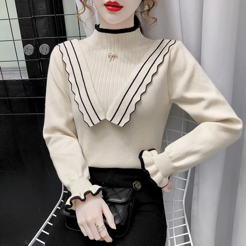 

Half Turtleneck Ruffle Pullover Sweater Women 2021 New Spring Autumn Fashion All-Match Solid Color Knitting Sweaters Female A437