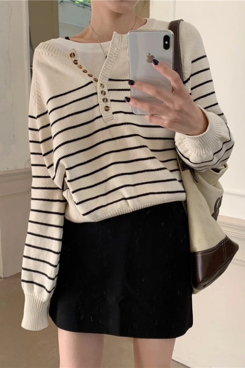Женский свободный пуловер в полоску свитер французском стиле с длинным рукавом