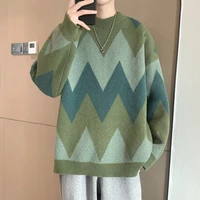 round neck color matching knitted sweater mens spring and autumn loose casual knit sweater ins tide brand bottoming pullover