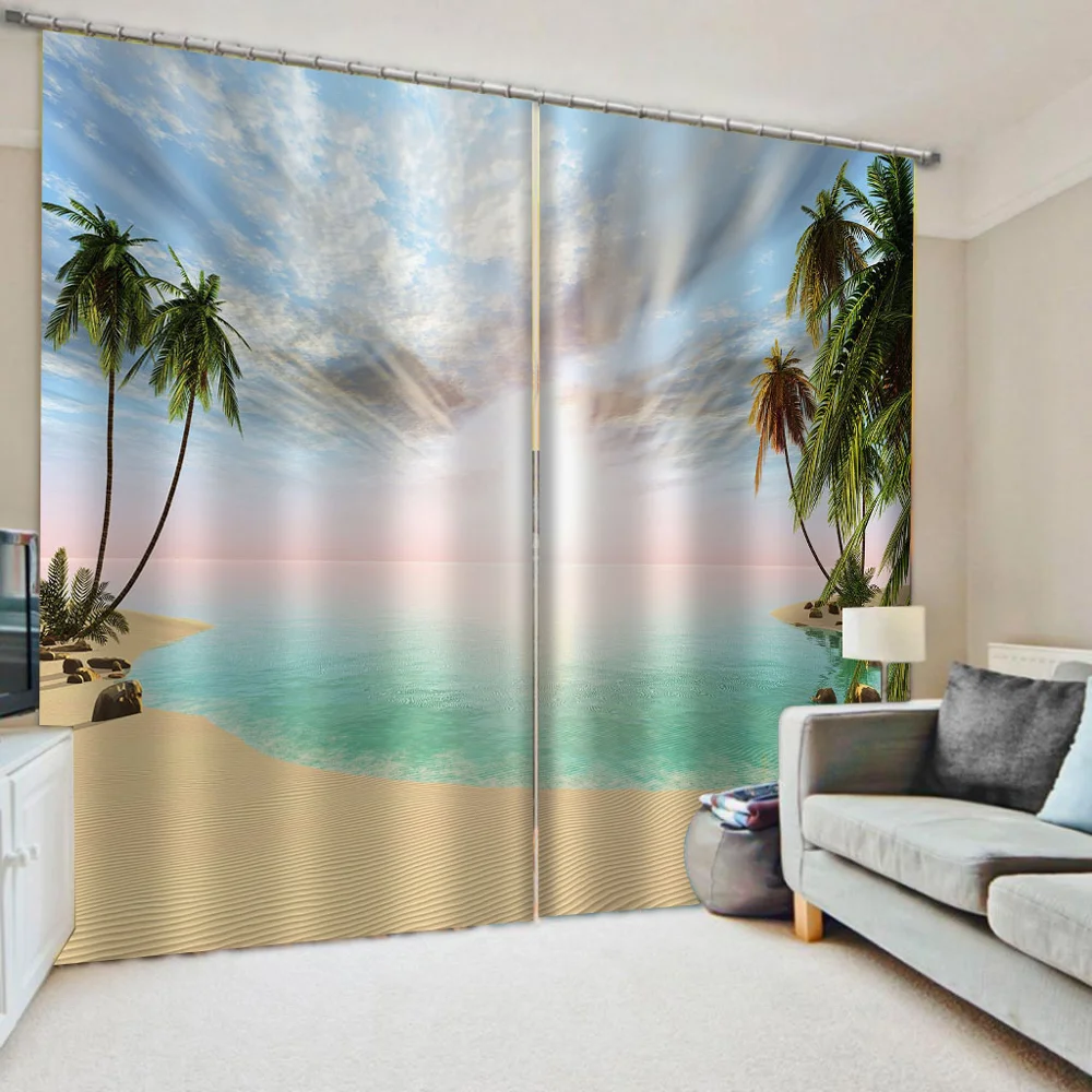 

Bedroom living room windproof thickening blackout fabric blue beach curtains nature scenery landscape curtains
