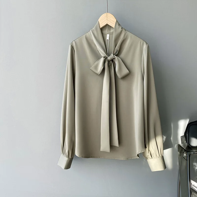 

Bow Tie Collar Long Sleeve Women Blouses Loose Fitting Casual Solid Shirts 2021 Spring Korean Ol Elegant Satin Blusas Mujer