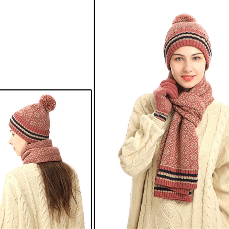 

Unisex Winter 3Pcs Pompom Beanie Hat Long Scarf Touch Screen Gloves Set Geometric Floral Jacquard Plush Lined Skull Cap