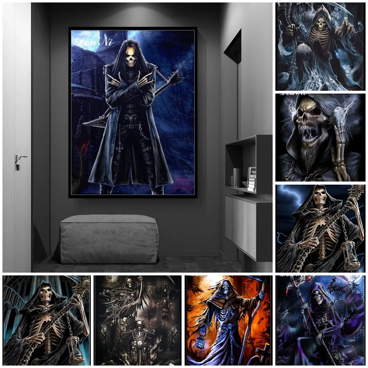 

Алмазная мозаика, Набор для вышивки Grim Reaper, алмазная живопись, ужас, Череп, картина, рукоделие, Хэллоуин, настенное искусство, Хрустальный же...