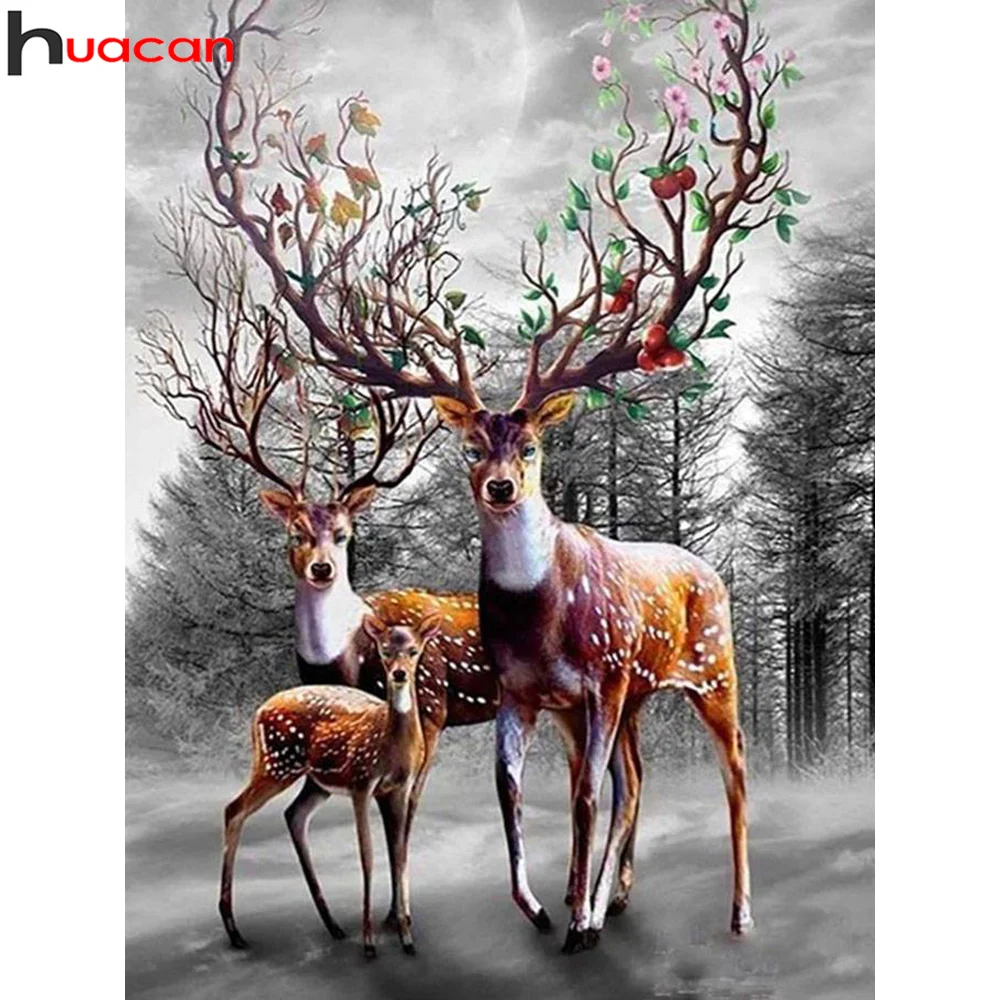 

Huacan 5d Diy Diamond Painting Deer Diamond Embroidery Mosaic Animal Tree Scenery Cross Stitch Sticker Decor