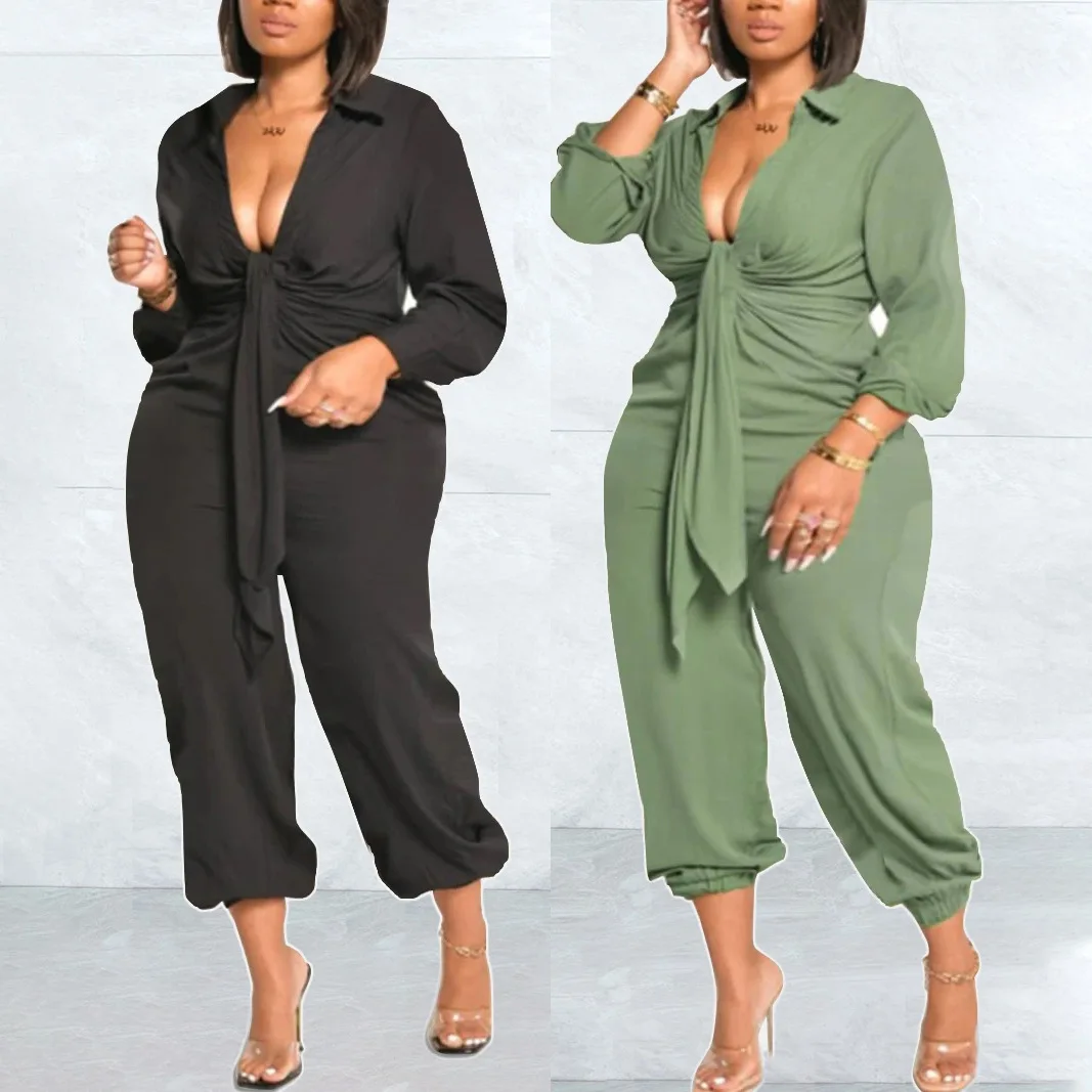 

Cutubly Turn Down Collar Jumpsuit Solid Long Sleeve Jumpsuits For Women Deep V-Neck Lace Up Pleated Romper Loose Ankle Length