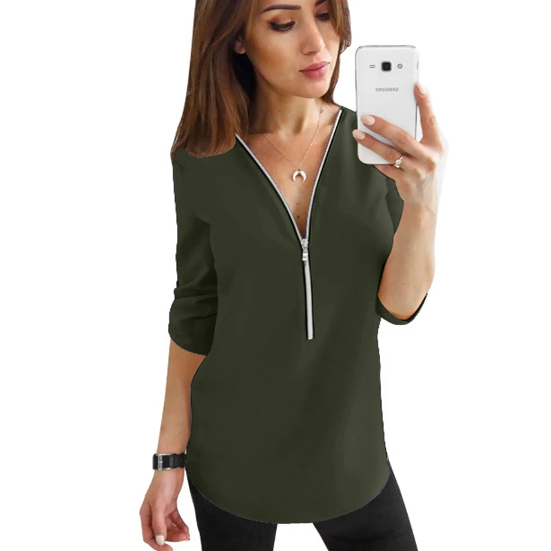 Повседневная Женская блузка на молнии с рукавом до локтя Осенний сексуальный