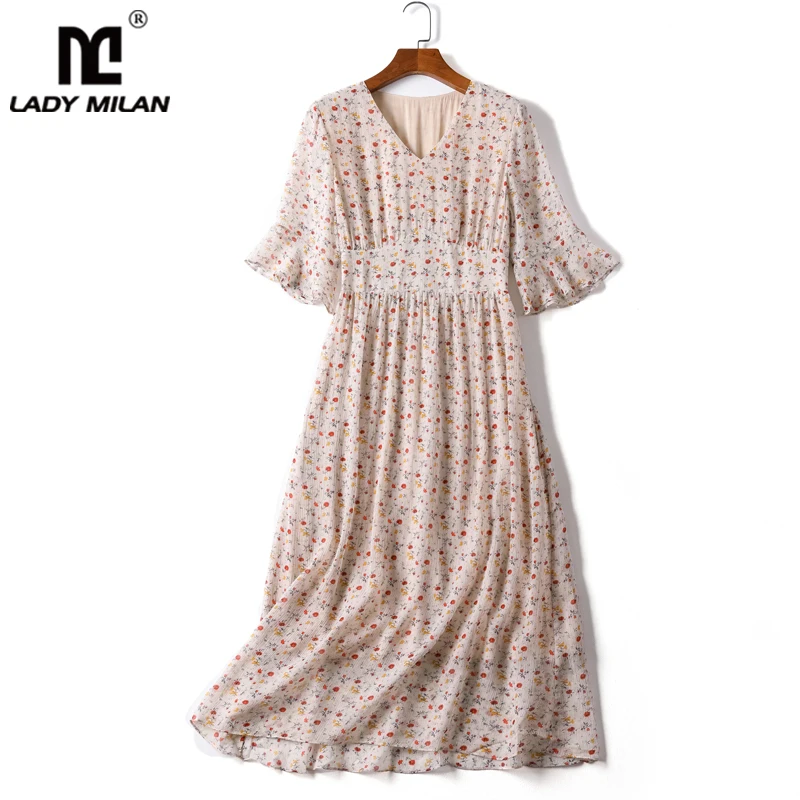 

100% Natural Silk Women's Dresses Sexy V Neck Short Flare Sleeves Floral Printed Elegant Summer Holiday Dress Vestidos