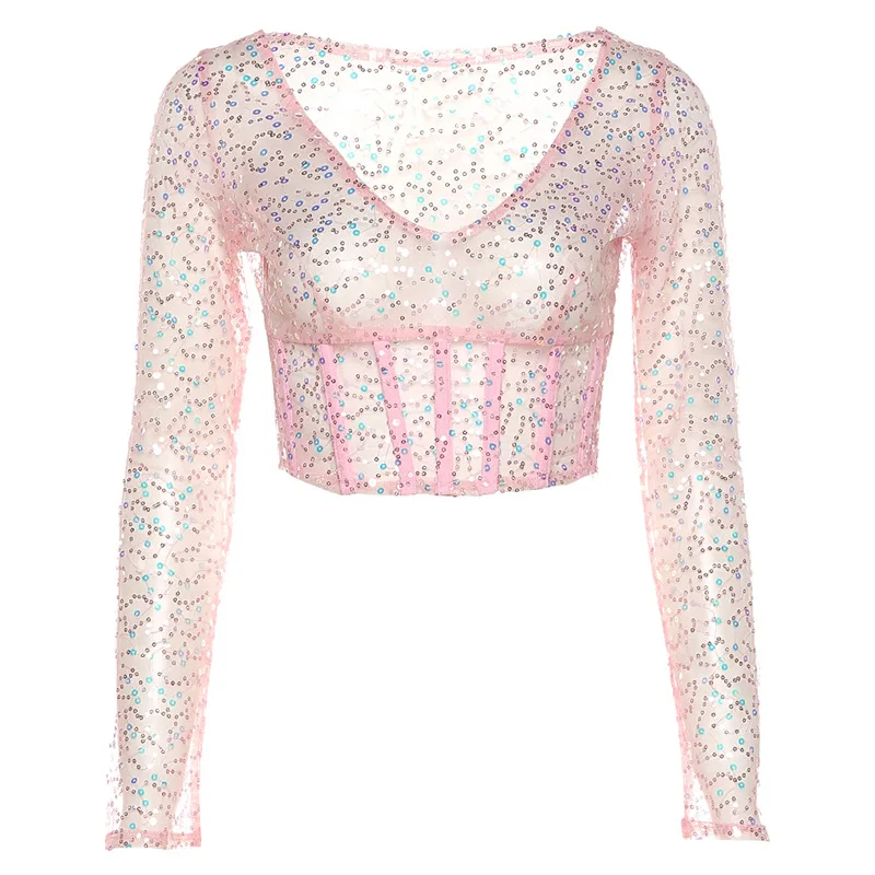 

FAKUNTN 2021 Summer Rhinestone Crop Top Women Long Sleeve T-shirt Club Party outfits Sexy V Neck Mesh See-through Fashion Top