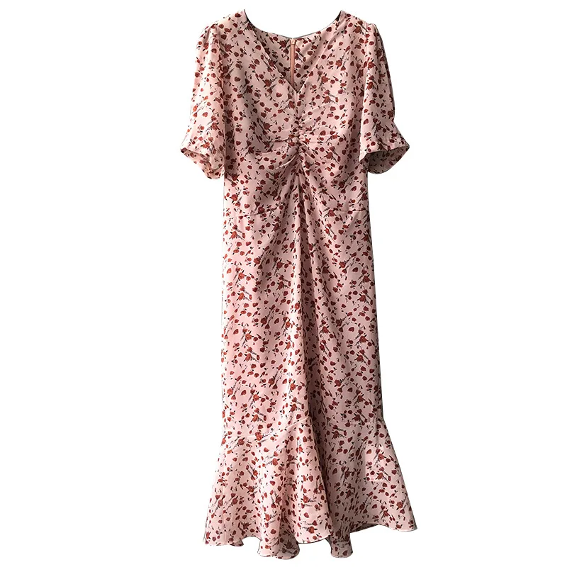 

Yeeloca French Elegant Chiffon Floral Dress 2021 Summer New Women's Short Sleeve Medium Length Vestidos Korean Bottomed Dress