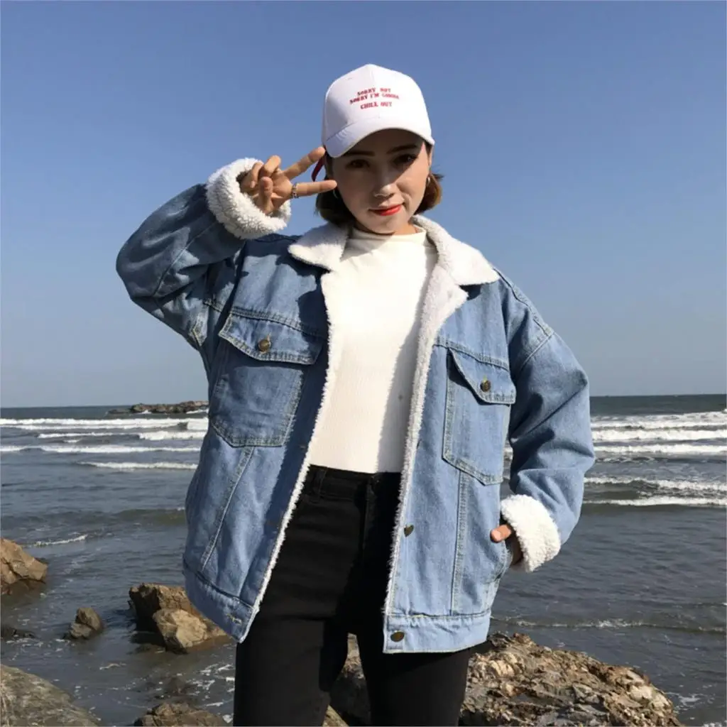 Новая женская джинсовая куртка джинсовое флисовое Женское пальто осень и