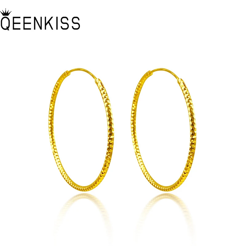 

QEENKISS EG522 2021 Fine Jewelry Wholesale Fashion Woman Girl Mother Birthday Wedding Gift Big Round 36MM 24KT Gold Hoop Earings